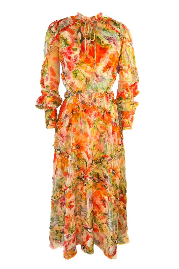 Marchesa Notte Floral Dress With Hip Cutouts and Long Sleeves