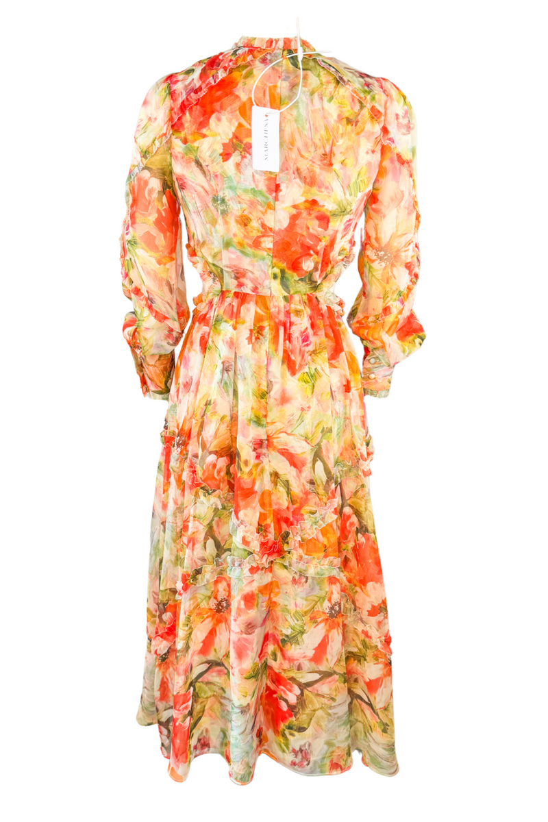 Marchesa Notte Floral Dress With Hip Cutouts and Long Sleeves