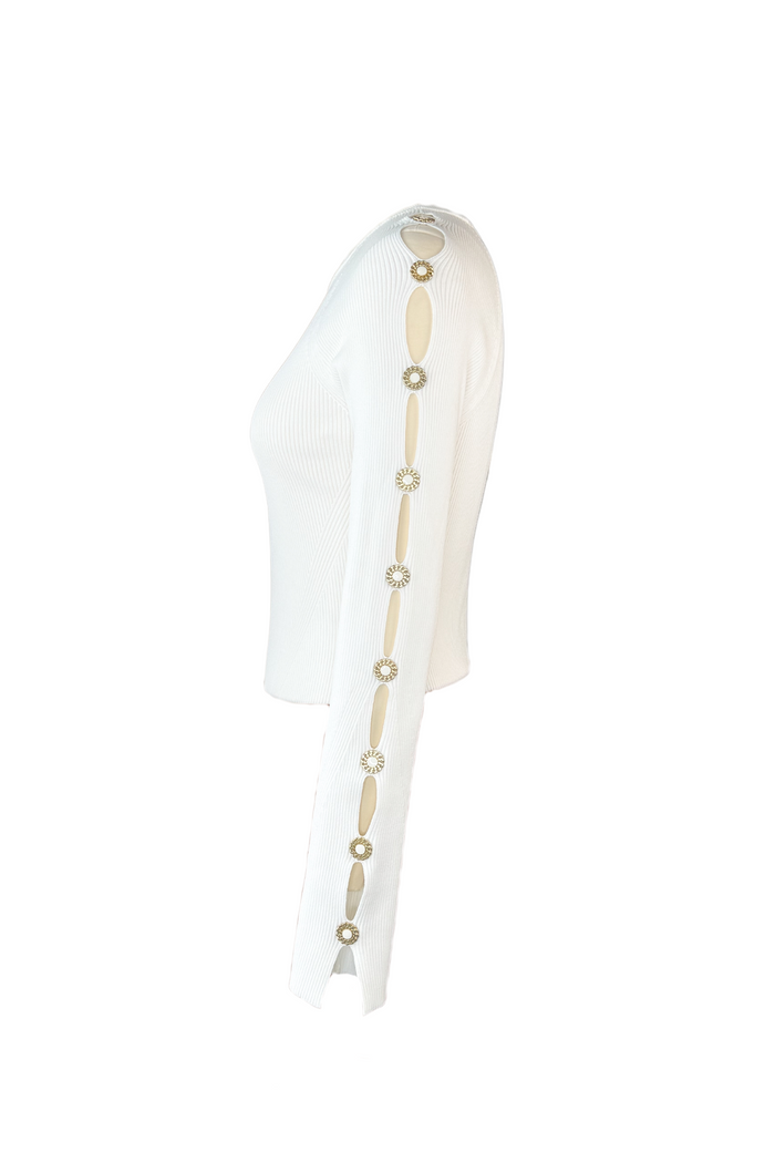 Jonathan Simkhai White Ribbed Top with Gold Button Embellishments