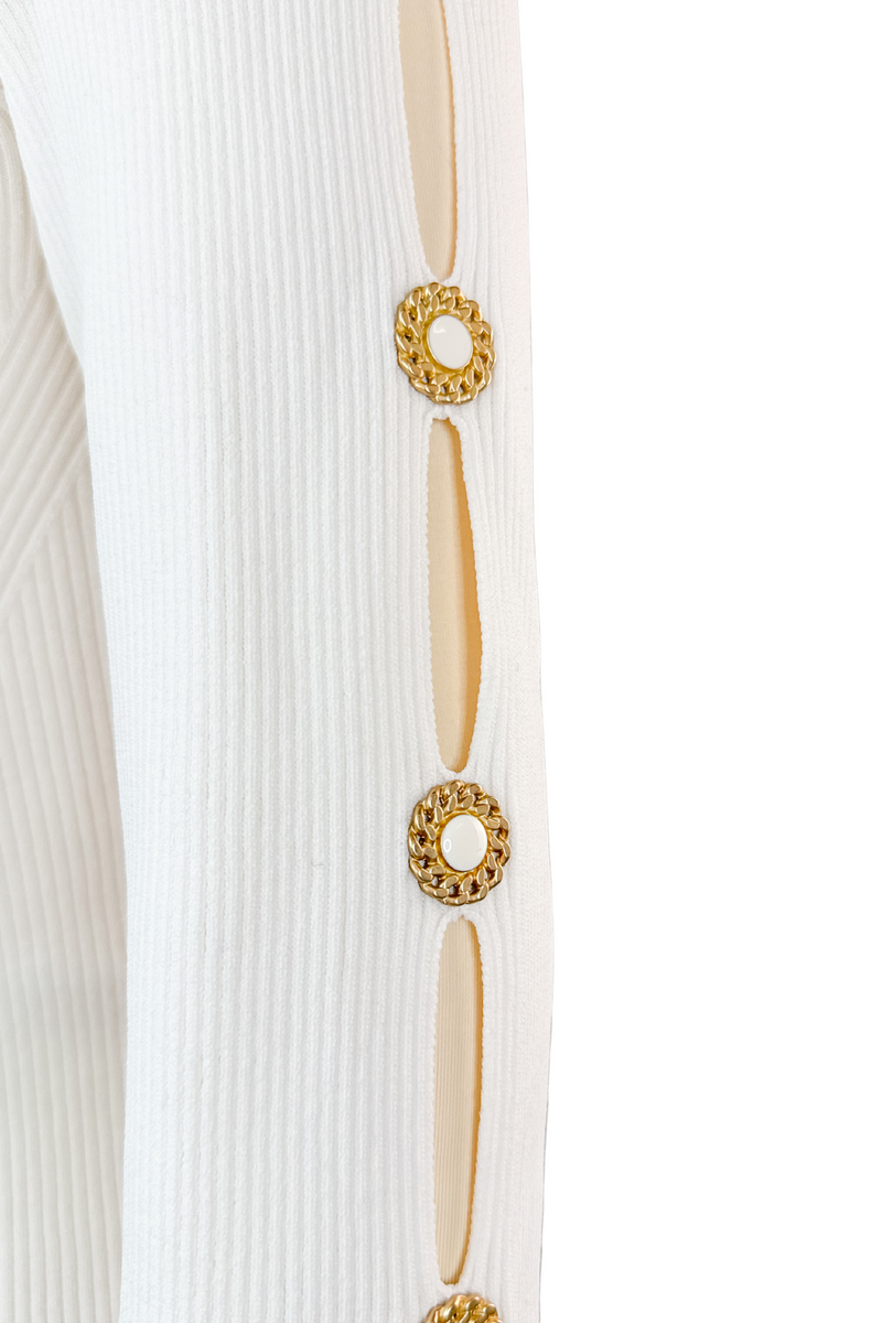 Jonathan Simkhai White Ribbed Top with Gold Button Embellishments